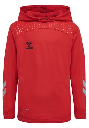 Rode sweatshirt met capuchon, gemaakt van ademend materiaal, met een gestructureerd schouderpaneel en reflecterende grijze strepen op de mouwen.