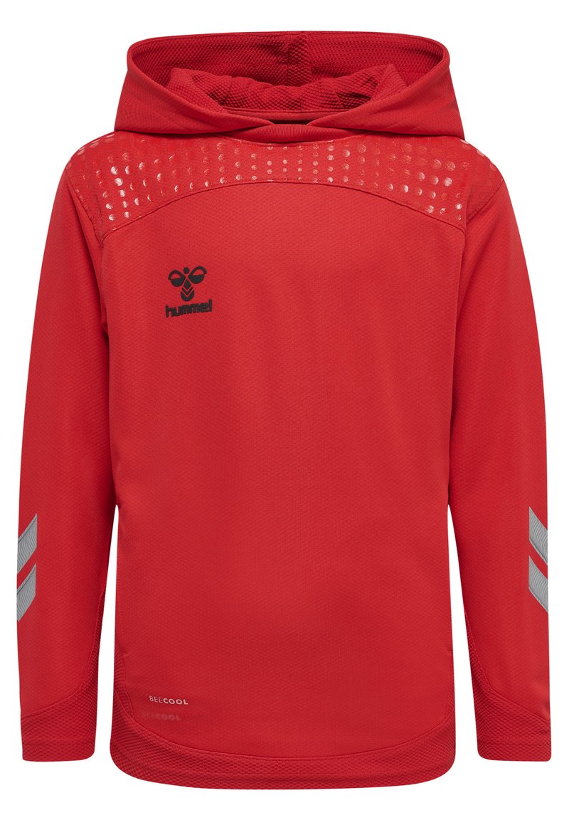 Rote Kapuzen sweatshirt aus atmungsaktivem Stoff, mit einem strukturierten Schulterpanel und reflektierenden grauen Streifen an den Ärmeln.
