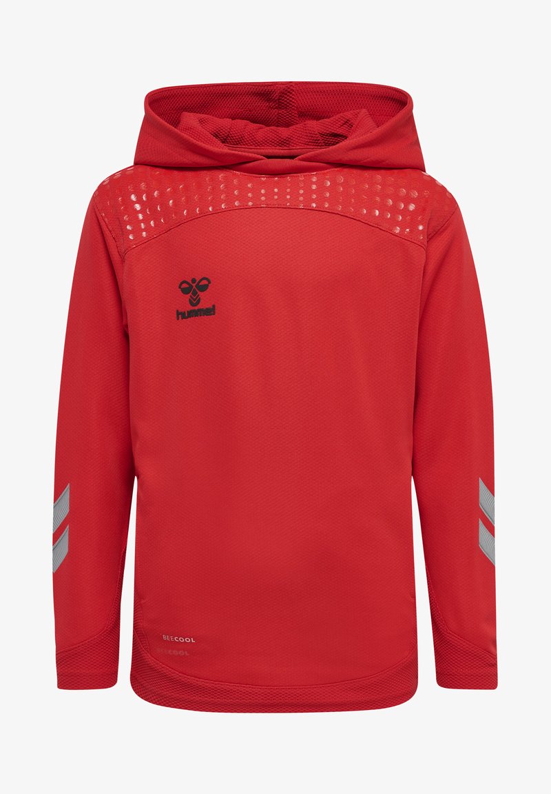 Rode sweatshirt met capuchon, gemaakt van ademend materiaal, met een gestructureerd schouderpaneel en reflecterende grijze strepen op de mouwen.