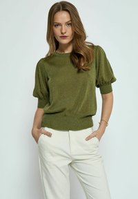 Minus - LIVA PUFF SLEEVE - Navadna majica - met olive green metallic Miniaturna slika 1