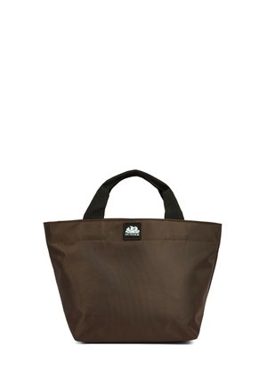 Borsa shopper marrone con manici neri e una piccola toppa con il logo Sundek centrata vicino al bordo superiore su sfondo bianco.