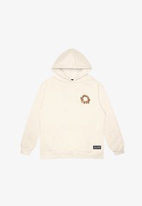 Kremfarget bomullssweater med frontlomme, snøring i hetten og brodert logo i oransje. Myk tekstur med ribbestrikkede mansjetter.