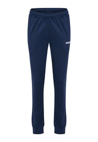 Marineblauwe trainingsbroek van zacht materiaal, met een elastische tailleband, cuffs aan de enkels en een klein wit logo op de linker dij.
