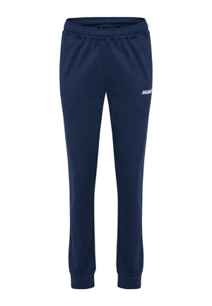 Marineblauwe trainingsbroek van zacht materiaal, met een elastische tailleband, cuffs aan de enkels en een klein wit logo op de linker dij.