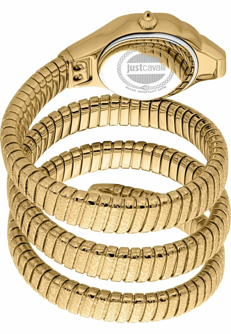 Goldfarbene Spiral-Uhr mit strukturierten Gliedern und rundem Ziffernblatt. Sie verfügt über einen Gehäuse aus Edelstahl und ein wasserfestes Design.