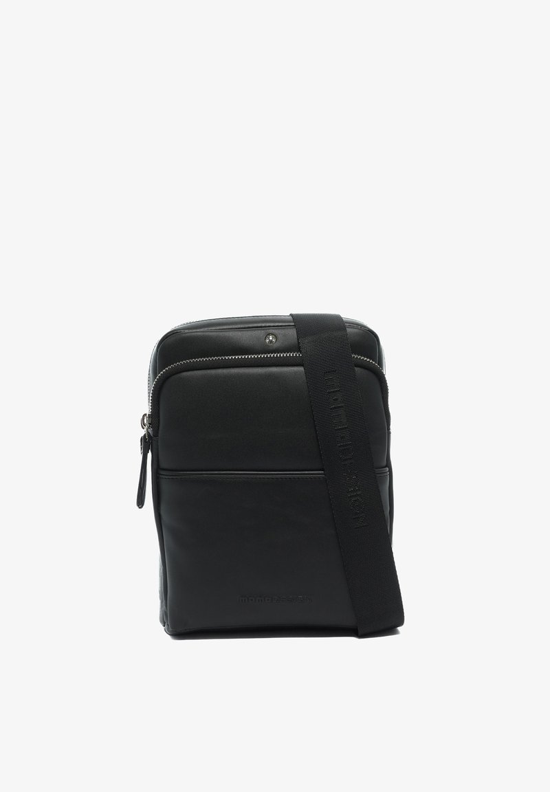 Borsa a spalla in pelle nera con chiusura a zip, accentuata da una tracolla removibile. Presenta una texture liscia e un design minimalista.