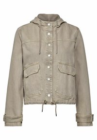 Veste en denim beige avec capuche, boutons-pression, deux poches avant et cordon de serrage réglable à l'ourlet. Tissu texturé avec un aspect légèrement usé.