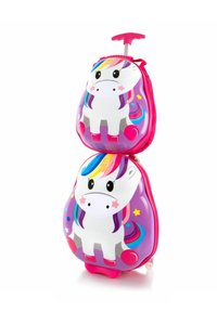 Borsa trolley rosa e viola con design di unicorno, dotata di una scocca rigida, accenti di capelli colorati e manico retrattile.