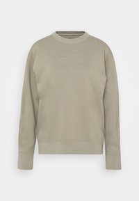 Sudadera verde oliva claro hecha de material suave con cuello redondo y mangas largas. Presenta un detalle de logo en relieve en la parte frontal.