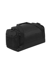 Bolsa de deporte negra hecha de un tejido duradero, con doble asa, un bolsillo lateral de malla y un compartimento principal con cremallera.