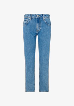 Jasnoniebieskie dżinsy o prostym kroju, pięć kieszeni i zapięcie na guzik. Posiadają kontrastowe szwy wzdłuż szwów bocznych.