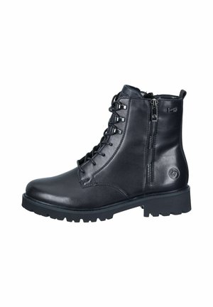 Bottines noires en cuir avec un bout arrondi, un laçage sur le devant et une fermeture éclair sur le côté. Semelle en caoutchouc épaisse offrant une bonne adhérence ; texture lisse et accents minimalistes.