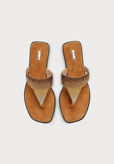 Pair of brown suede thong sandals with square toes and gradient rhinestone straps on a white background.