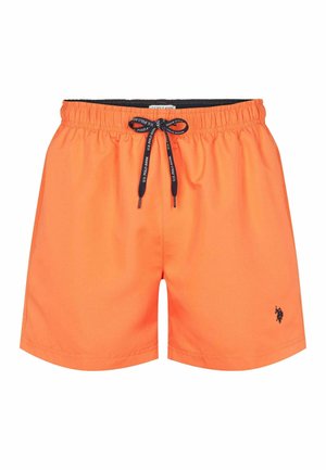 Oranje zwembroek met elastische tailleband, externe trekkoord en een klein zwart logo aan de zijkant. Glad materiaal en lengte tot halverwege de dij.