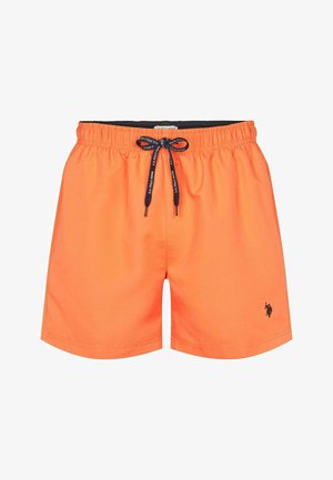 Orangene Badeshorts mit elastischem Bund, externem Kordelzug und kleinem schwarzem Logo an der Seite. Glatte Stoffqualität und Länge bis zur Mitte des Oberschenkels.