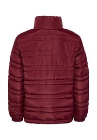 Bordowy puchowy płaszcz z wysokim kołnierzem, poziomym pikowaniem, elastycznymi mankietami oraz gładkim, błyszczącym wykończeniem.