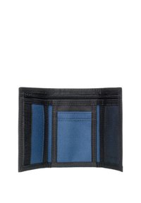Portafoglio nero con interno blu. Presenta diversi scomparti per carte, una tasca in rete e un compartimento con zip per una sicurezza ottimale.