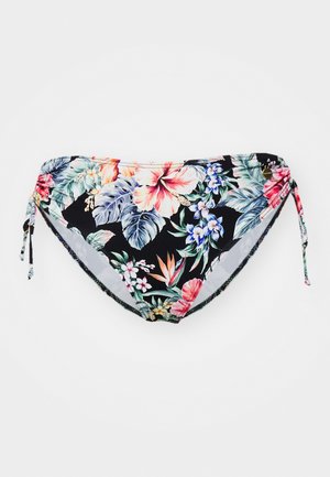 Parte de baixo de biquíni floral com fundo preto, apresentando flores tropicais coloridas e folhas. Laços ajustáveis de cada lado.