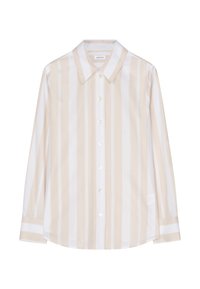 Beige and white vertically striped long-sleeve button-up shirt with a pointed collar and buttoned cuffs.
