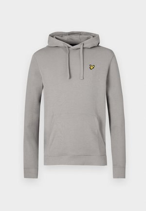 Gray hoodie made of soft fabric, featuring a kangaroo pocket, ribbed cuffs, and a yellow embroidered logo on the left chest.