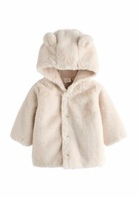 Cappotto per bambini in pelliccia sintetica di un morbido beige, dotato di cappuccio con orecchie da orso, chiusura a bottoni e maniche corte per facilitare i movimenti.