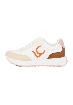 White athletic sneaker with orange logo, beige and brown accents, pink sole, lace-up design, and textured materials.