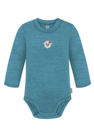 Turquoise long-sleeve bodysuit made of soft fabric, featuring a sheep patch with a clover, and snap closures at the shoulder and bottom.