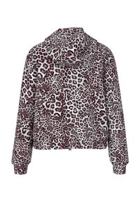 Kapuzensweatshirt aus Plüschstoff mit lila-schwarzem Leopardenmuster auf hellgrauem Hintergrund. Kurz geschnittenes Design mit elastischen Bündchen.