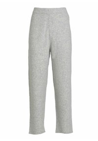 Ljusgrå, mjuka stickade byxor med avslappnad passform, elastisk midja och rak benklippning. Inga mönster eller detaljer av metall synliga.