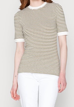 Khaki- und weiße gestreifte kurzärmelige Bluse mit Rundhalsausschnitt und gerippten Bündchen, aus einem weichen Stoff, figurbetonte Silhouette.