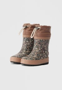 Ziedu raksta lietus zābaki ar tumšu fona, gumijas korpusu, brūnu teksturētu augšdaļu un regulējamu šņorēšanu ar sudraba detaļām.