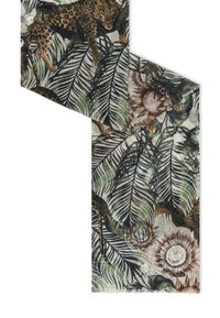 Patterned scarf featuring a jungle design with leopards, green palm leaves, and detailed flowers. Material appears lightweight and textured.