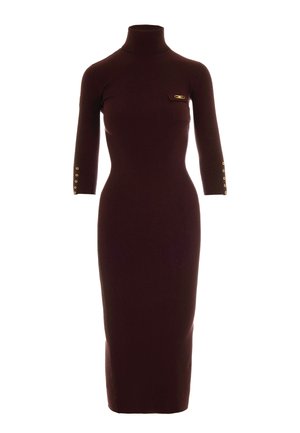Ribbed, burgundy, long-sleeve dress with a high neckline, featuring a side pocket and gold button accents on the sleeves.
