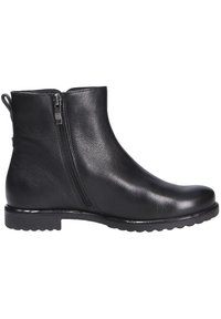 Stivali ankle neri in pelle con una texture liscia, zip laterale, suola in gomma piatta e design con punta rotonda. Adatti per varie occasioni.
