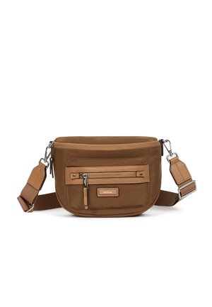 Borsa a tracolla in tessuto marrone con forma arrotondata, dettagli in pelle, tracolla regolabile e tasca frontale con zip per una maggiore funzionalità.