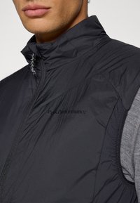 Zwarte geïsoleerde vest met een hoge kraag, lichtgewicht stof en een gladde textuur. Voorzien van een ritssluiting en het "Peak Performance" logo op de borst.