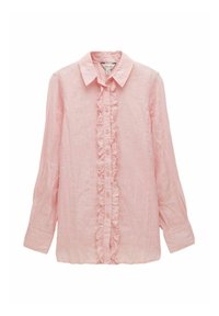 Roosa linase särk nööbiga ees, millel on volditud keskpaneel ja pikad varrukad. Pehme tekstuur ja klassikaline kraediisain.