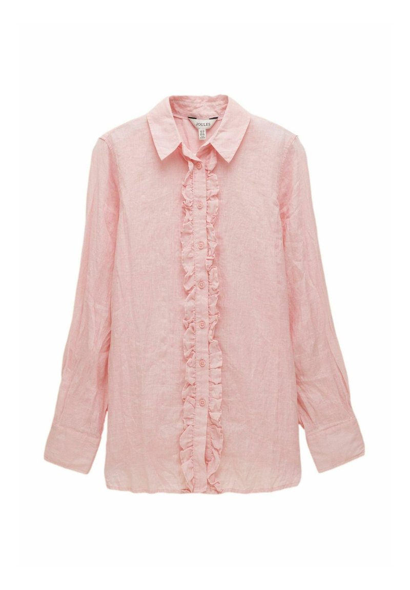 Roosa linase särk nööbiga ees, millel on volditud keskpaneel ja pikad varrukad. Pehme tekstuur ja klassikaline kraediisain.