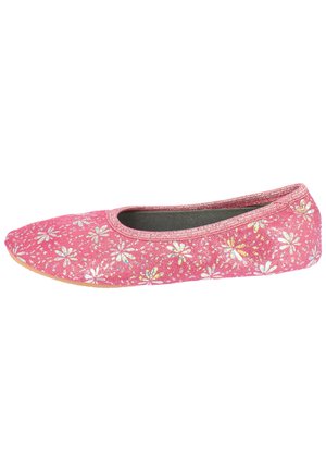 Rosa flache Schuhe mit glitzerndem Finish, verziert mit einem Blumenmuster. Verfügt über eine runde Zehenpartie und elastische Einfassung am Öffnung.