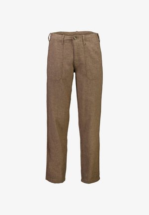 Bruine linnen broeken met een rechte snit, voorzakken, een ritssluiting en riemlussen. De stof heeft een gestructureerde afwerking.