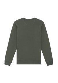 Dunkelgrüner Langarm-Sweatshirt mit Rundhalsausschnitt, gerippten Bündchen und Saum, aus einem weichen, strukturierten Stoff. Keine grafischen Muster vorhanden.