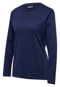 Mörkblå långärmad T-shirt i mjukt tyg, med rundad halsringning och en enkel design med rak nederkant.