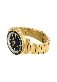 Goldfarbenes Edelstahl-Armbanduhr mit schwarzem Zifferblatt, drei silbernen Akzenten und einem Datumsfenster. Verfügt über ein Gliederarmband und eine drehbare Lünette.