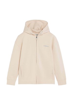 Sweat à capuche beige zippé avec poches avant, manches longues et capuche attachée, présenté sur fond blanc.