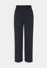 Pantalon noir coupe ample avec une ceinture élastique, jambes droites, sans poches visibles ni ornements.