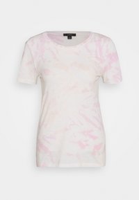 Tričko s krátkým rukávem a kulatým výstřihem vyrobené z lehkého materiálu, zdobené pastelovým tie-dye vzorem v růžových a krémových odstínech. Volný střih.