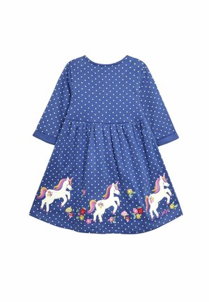 Vestido de algodón azul con lunares, de manga larga, con unicornios blancos y bordados florales en la falda. Escote redondo, cintura fruncida.