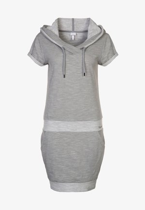 Robe sweat grise à manches courtes, avec un col à cordon et une taille contrastante grise. Texture douce et design simple.