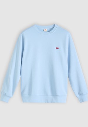 Light blue sweatshirt made from a soft material, featuring a round neck, long sleeves, and a small red logo on the left chest.