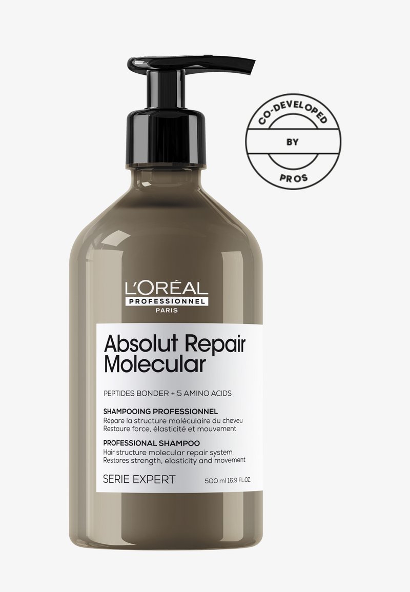 L'Oréal Professionnel Absolut Repair Molecular shampoofles met zwarte pomp, 500 ml, etiket met de nadruk op peptiden, aminozuren en professionele herstelformule.
